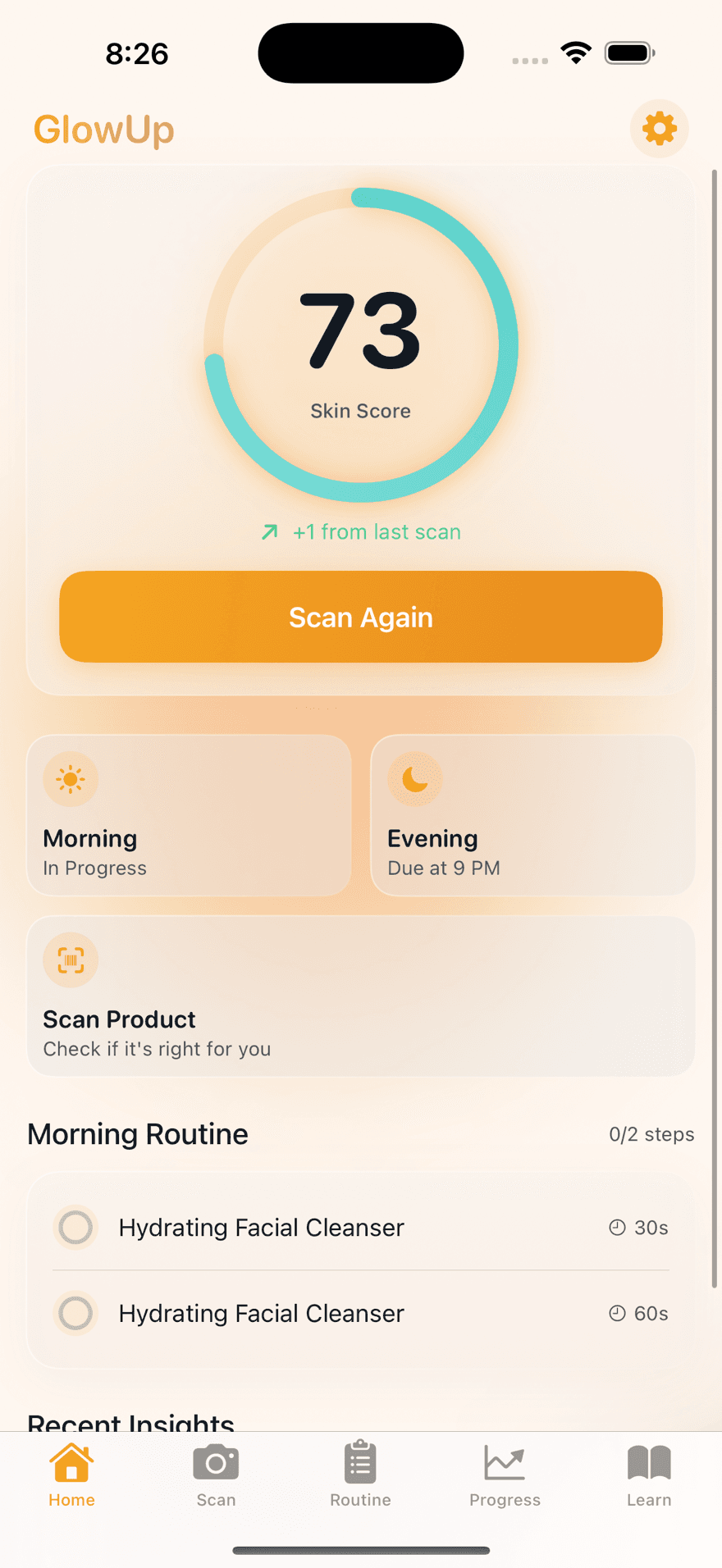 GlowUp dashboard screen